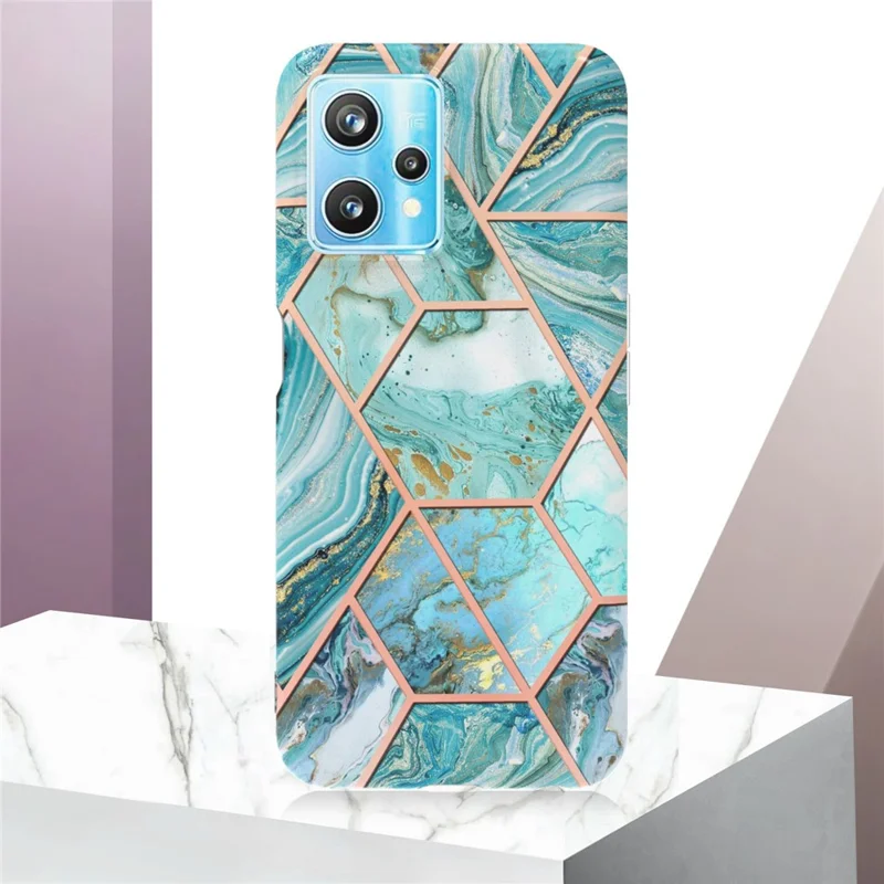 For Realme 9 Pro+ Case Splicing IMD Marble Pattern Electroplated TPU Back Cover - Blue