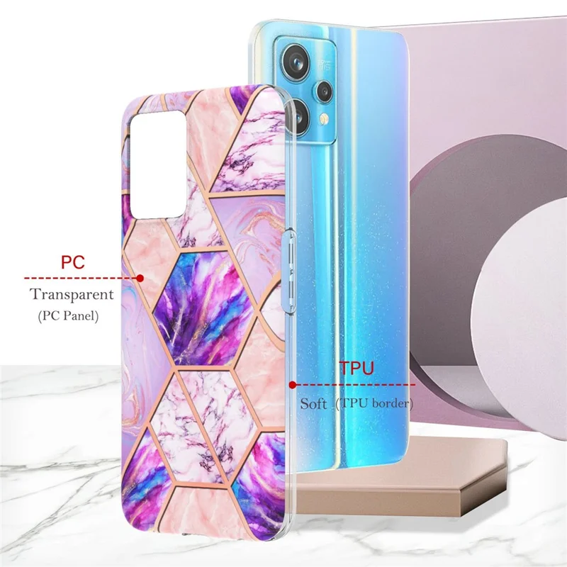 For Realme 9 Pro+ Case Splicing IMD Marble Pattern Electroplated TPU Back Cover - Light Purple