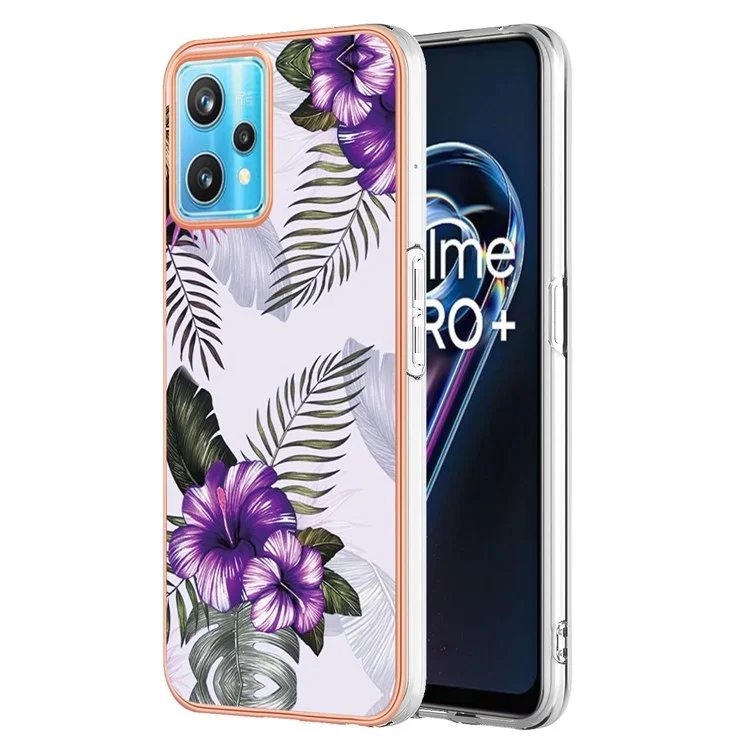 Für Realme 9 Pro 5G / 9 5G / V25 YB IMD Series-1 Soft TPU Edge Anti-fingerprint Electroplating Case IMD Marble Floral Pattern Well-protected Cover - Purple Flowers