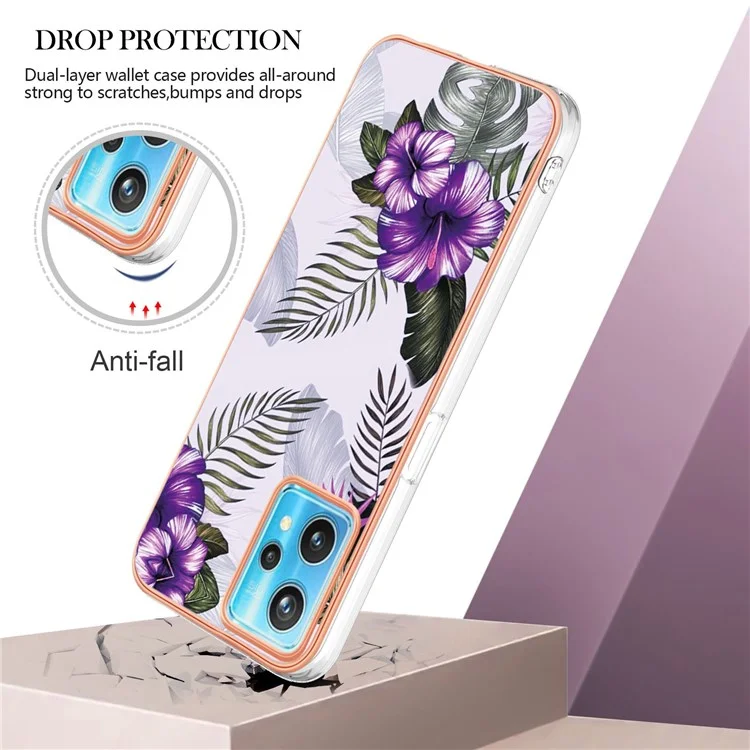 Für Realme 9 Pro 5G / 9 5G / V25 YB IMD Series-1 Soft TPU Edge Anti-fingerprint Electroplating Case IMD Marble Floral Pattern Well-protected Cover - Purple Flowers