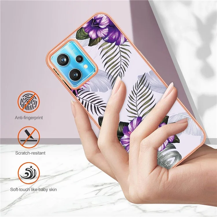 Für Realme 9 Pro 5G / 9 5G / V25 YB IMD Series-1 Soft TPU Edge Anti-fingerprint Electroplating Case IMD Marble Floral Pattern Well-protected Cover - Purple Flowers