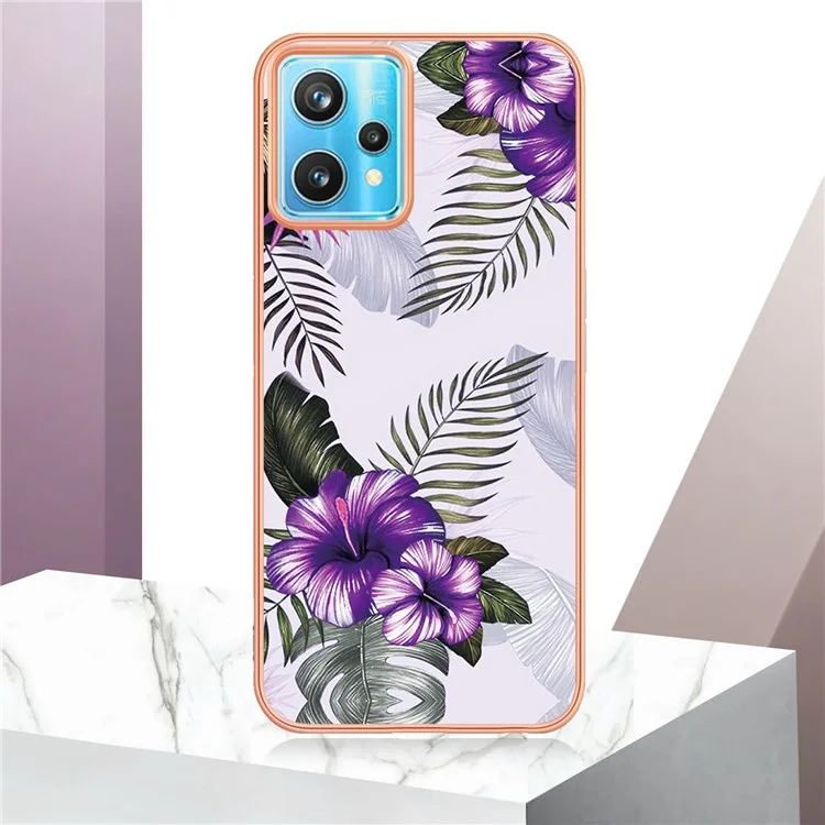 Für Realme 9 Pro 5G / 9 5G / V25 YB IMD Series-1 Soft TPU Edge Anti-fingerprint Electroplating Case IMD Marble Floral Pattern Well-protected Cover - Purple Flowers