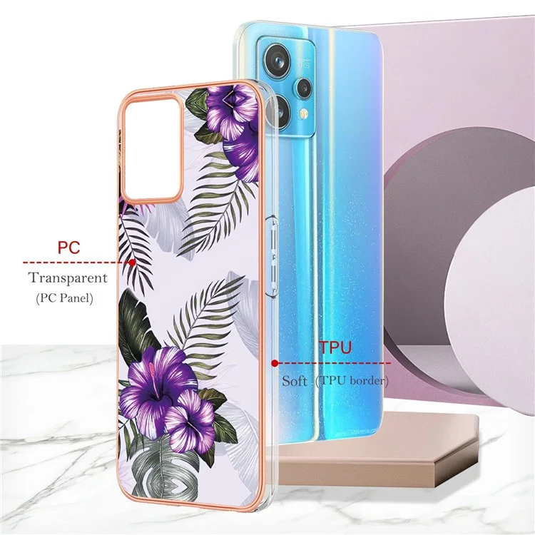 Für Realme 9 Pro 5G / 9 5G / V25 YB IMD Series-1 Soft TPU Edge Anti-fingerprint Electroplating Case IMD Marble Floral Pattern Well-protected Cover - Purple Flowers