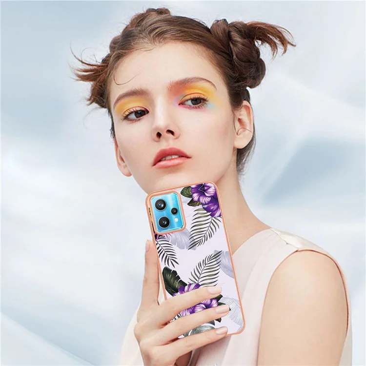 Für Realme 9 Pro 5G / 9 5G / V25 YB IMD Series-1 Soft TPU Edge Anti-fingerprint Electroplating Case IMD Marble Floral Pattern Well-protected Cover - Purple Flowers