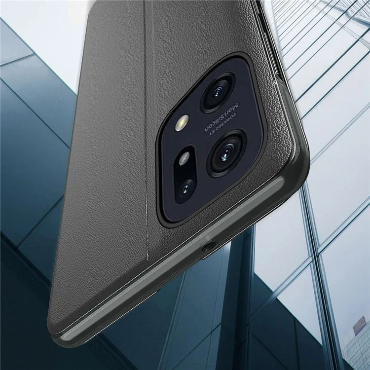 For Oppo Find X5 Leather Flip Phone Case Clear View Window Stand Shockproof Protective Cover - Black