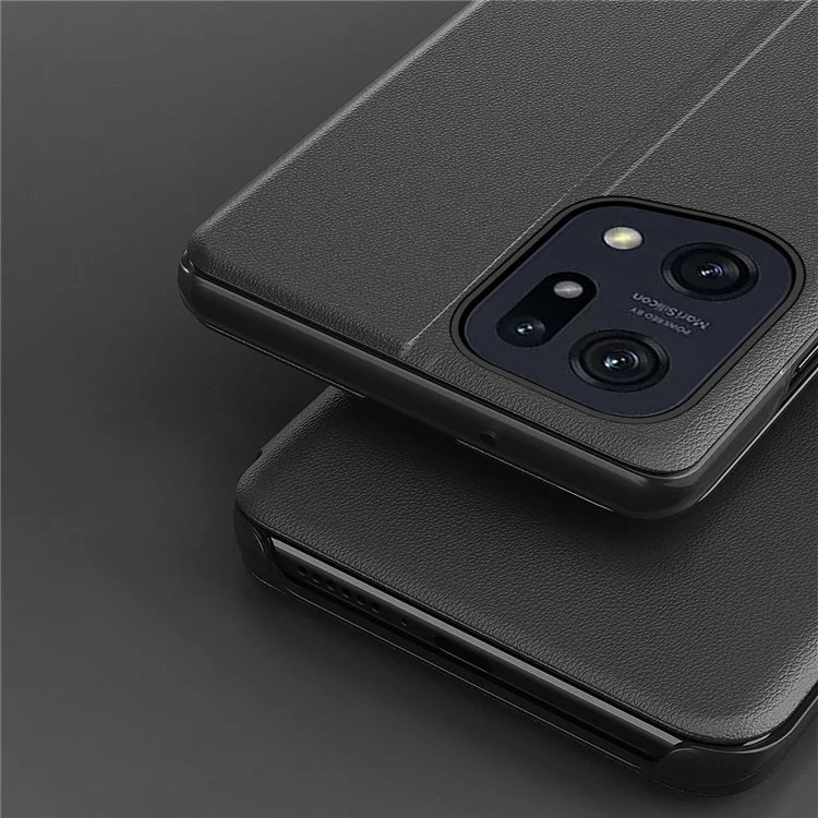 For Oppo Find X5 Leather Flip Phone Case Clear View Window Stand Shockproof Protective Cover - Black