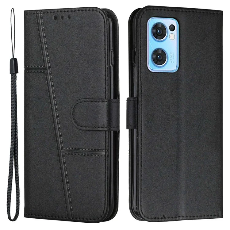Für Oppo Reno7 5G (global) PU Leder Folio Hülle Stich -design -brieftasche Funktion Folio Schockdelie Vollschutz Abdeckung Mit Riemen - Schwarz
