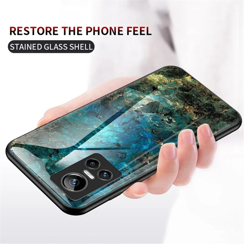 For Realme GT Neo3 Marble Pattern Tempered Glass + PC + TPU Phone Cover Scratch-Resistant Cell Phone Case - Emerald Marble