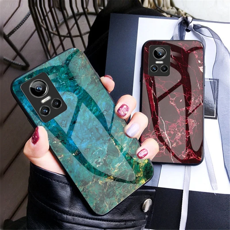 For Realme GT Neo3 Marble Pattern Tempered Glass + PC + TPU Phone Cover Scratch-Resistant Cell Phone Case - Emerald Marble