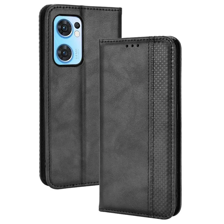 Für Oppo Reno7 5G (Global)/Find X5 Lite Schutzhülle Mosaik bedruckt Retro-Leder-Magnetschalen-Standfunktion Handyhülle - Schwarz