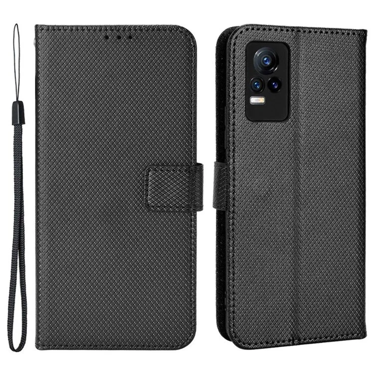 Para Vivo V21e 4G/Y73 Magnetic PU Leather Billet Case de Textura Diamond Stand Protective Tpu Folio Cubierta Con Correa - Negro