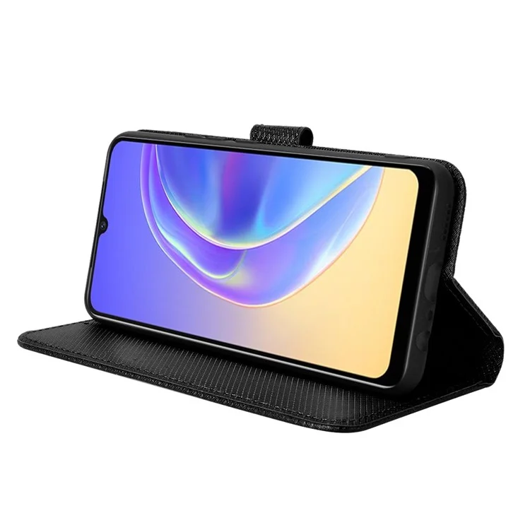 Para Vivo V21e 4G/Y73 Magnetic PU Leather Billet Case de Textura Diamond Stand Protective Tpu Folio Cubierta Con Correa - Negro