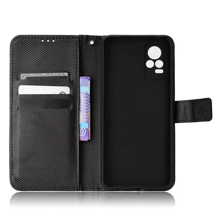 Para Vivo V21e 4G/Y73 Magnetic PU Leather Billet Case de Textura Diamond Stand Protective Tpu Folio Cubierta Con Correa - Negro