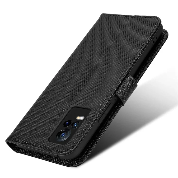 Para Vivo V21e 4G/Y73 Magnetic PU Leather Billet Case de Textura Diamond Stand Protective Tpu Folio Cubierta Con Correa - Negro