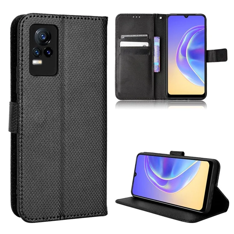 Para Vivo V21e 4G/Y73 Magnetic PU Leather Billet Case de Textura Diamond Stand Protective Tpu Folio Cubierta Con Correa - Negro