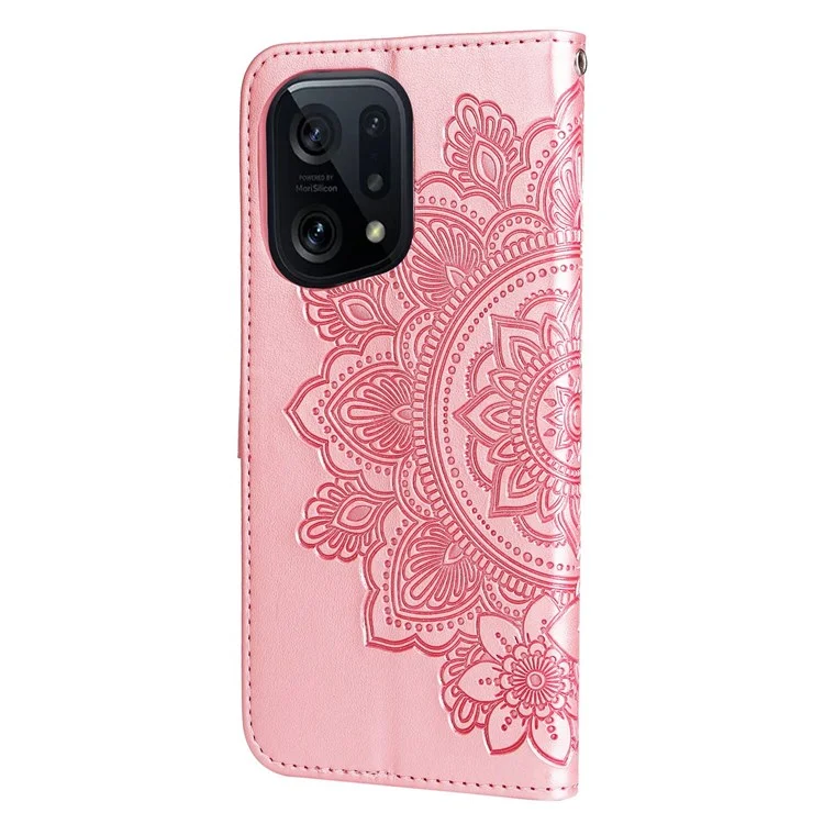 For Oppo Find X5 All-around Protection Strap Design Cover Flower Imprinting Wallet Leather Stand Cell Phone Case - Rose Gold