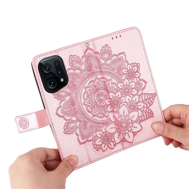 For Oppo Find X5 All-around Protection Strap Design Cover Flower Imprinting Wallet Leather Stand Cell Phone Case - Rose Gold