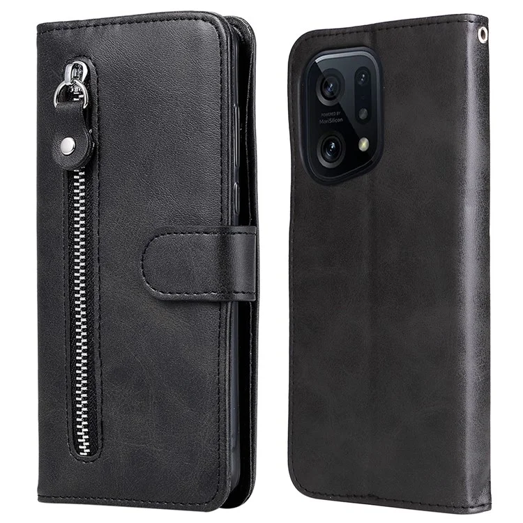 For Oppo Find X5 Magnetic Clasp Zipper Purse PU Leather Wallet Case Inner TPU Shockproof Stand Phone Cover - Black