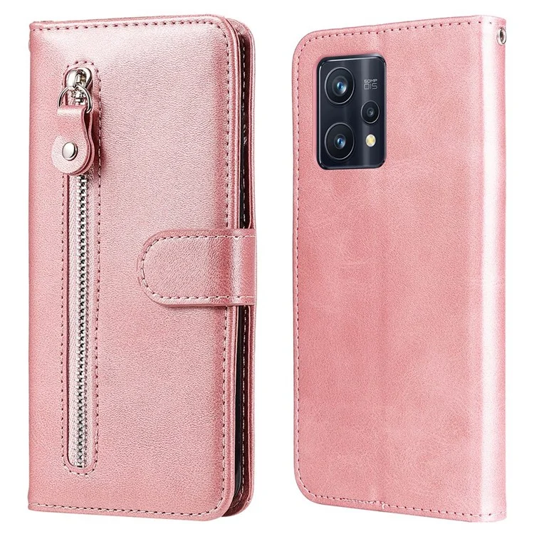 Pour Realme 9 Pro+ Stand Feature PU Leather Case Magnetic Clasp Zipper Pocket Shockproof Flip Wallet Cover - Rose Gold