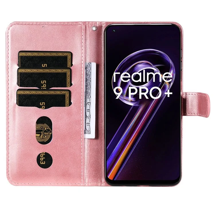 Pour Realme 9 Pro+ Stand Feature PU Leather Case Magnetic Clasp Zipper Pocket Shockproof Flip Wallet Cover - Rose Gold