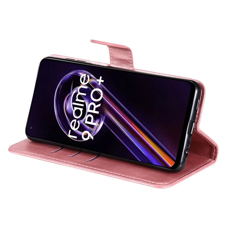 Pour Realme 9 Pro+ Stand Feature PU Leather Case Magnetic Clasp Zipper Pocket Shockproof Flip Wallet Cover - Rose Gold