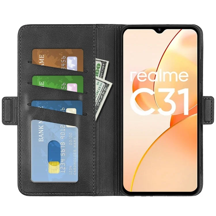Für Realme C31 4G Textured pu Leder Case Dual Magnetic Clasp Wallet Ständer Schockdelie Telefonhülle - Schwarz