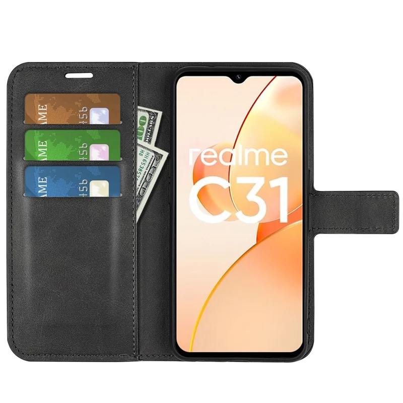 Textured PU Leather Stand Phone Case for Realme C31 4G, Square Magnetic Clasp Wallet Shell - Black