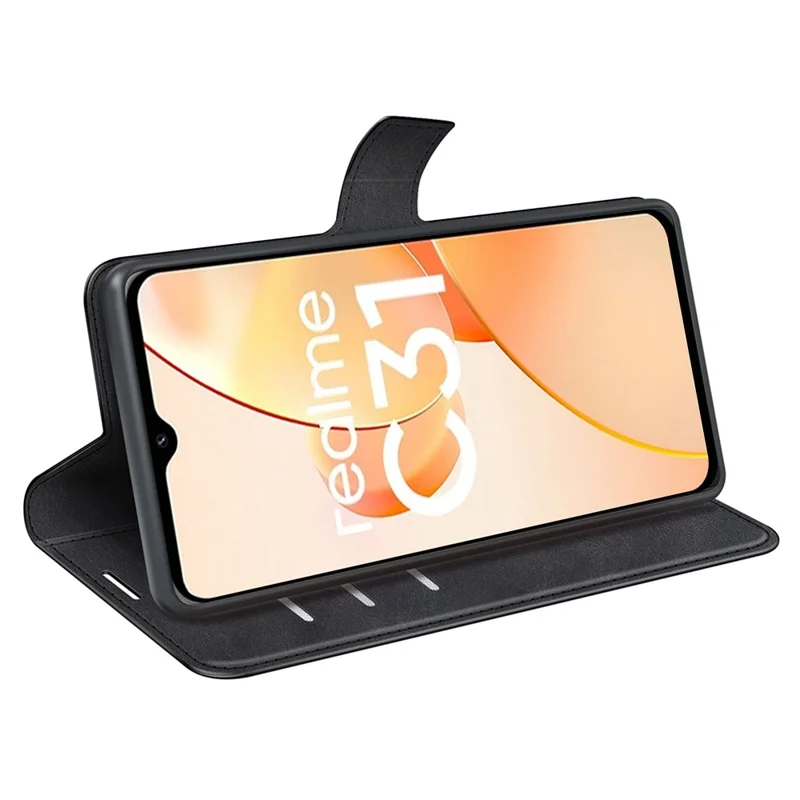 Textured PU Leather Stand Phone Case for Realme C31 4G, Square Magnetic Clasp Wallet Shell - Black