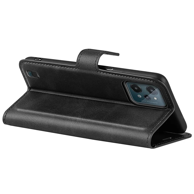 Textured PU Leather Stand Phone Case for Realme C31 4G, Square Magnetic Clasp Wallet Shell - Black