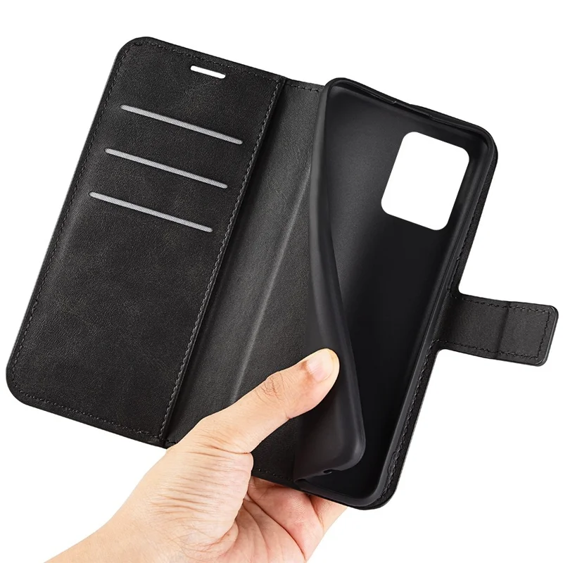 Textured PU Leather Stand Phone Case for Realme C31 4G, Square Magnetic Clasp Wallet Shell - Black