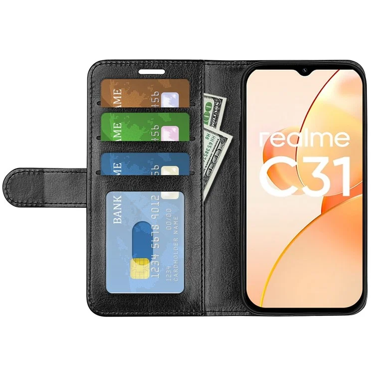 Para Realme C31 4G Crazy Horse Texture Cover Protetor PU Leather + TPU Carteira - Preto