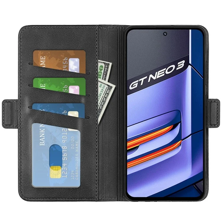 Per Realme GT Neo3 Textured PU Leather Wallet Protective Cover Dual Magnetic Clasp Adjustable Stand Phone Case - Nero