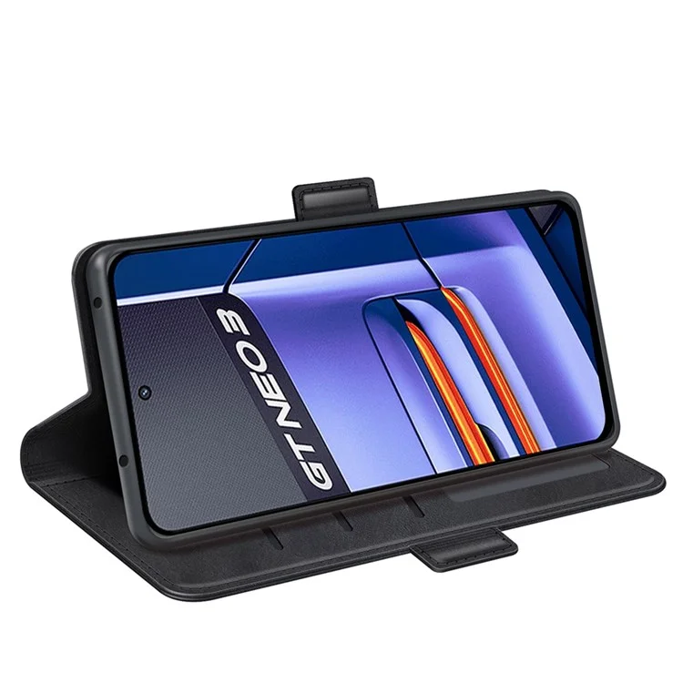Per Realme GT Neo3 Textured PU Leather Wallet Protective Cover Dual Magnetic Clasp Adjustable Stand Phone Case - Nero