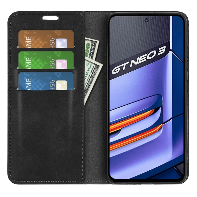 PU Cuero Toque de Piel Case de Teléfono Para Reino gt Neo3, Stand de Billetera Magnética Absorta Automáticamente Con Cáscara - Negro