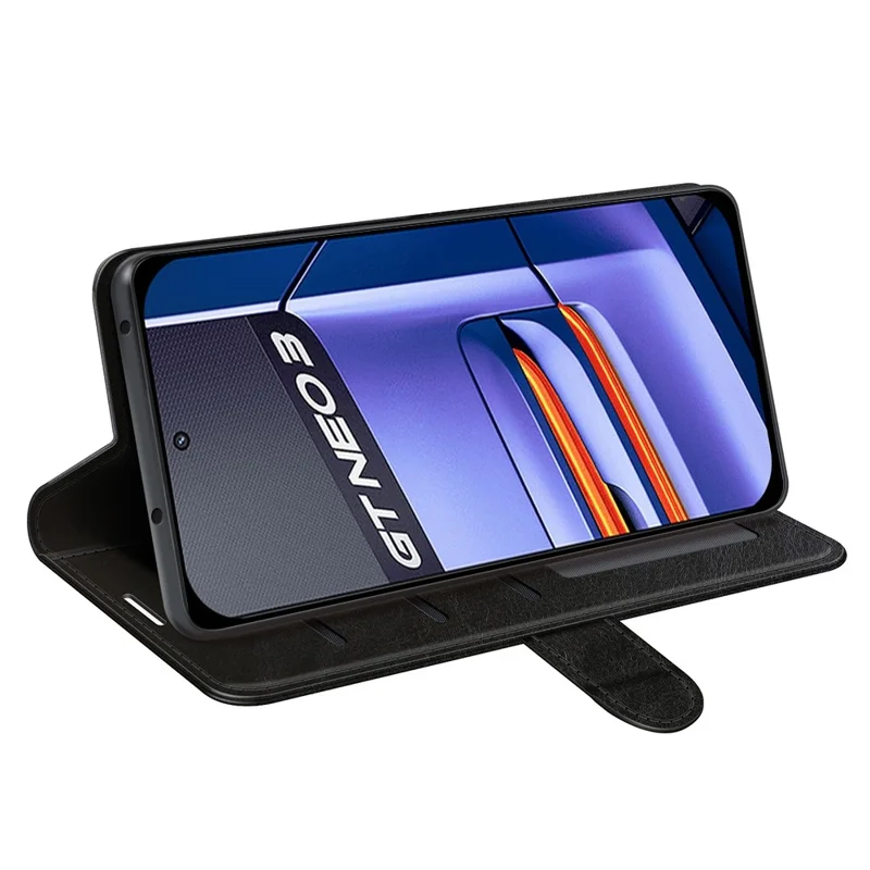 For Realme GT Neo3 Shockproof Crazy Horse Texture Case PU Leather Wallet Stand Protective Phone Cover - Black