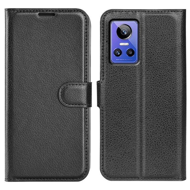 Pour Realme GT Neo3 Litchi Texture Shockproof Phone Case TPU + PU Leather Stand Wallet Cover - Noir