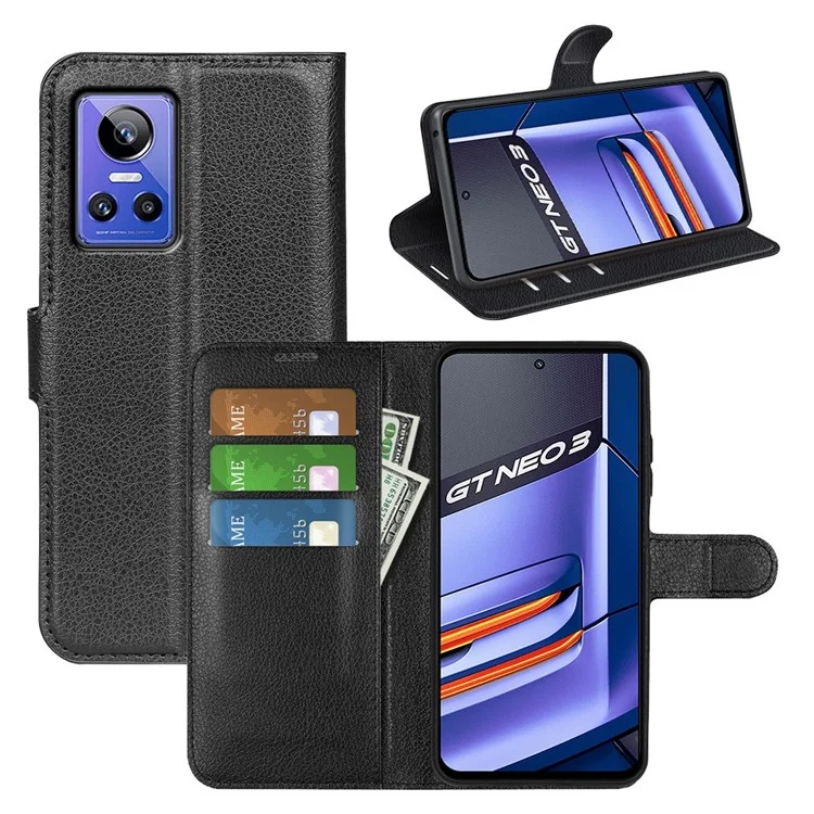 Pour Realme GT Neo3 Litchi Texture Shockproof Phone Case TPU + PU Leather Stand Wallet Cover - Noir