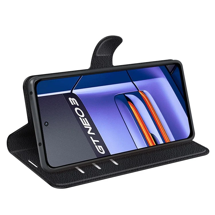 Pour Realme GT Neo3 Litchi Texture Shockproof Phone Case TPU + PU Leather Stand Wallet Cover - Noir