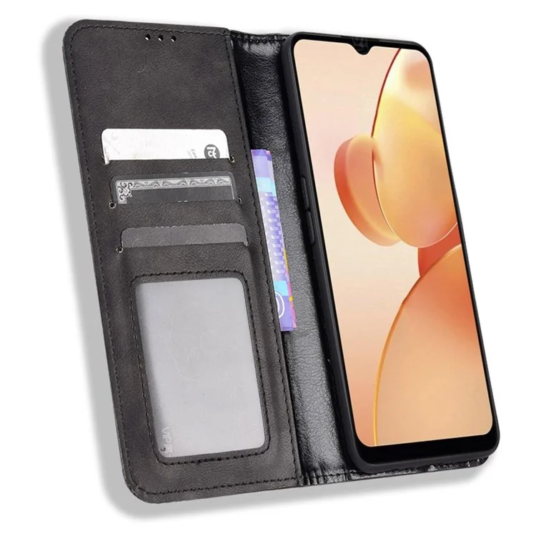 For Realme C31 Mosaic Imprinted Retro Texture PU Leather Phone Case Magnet Auto Closure Wallet Stand Cover - Black