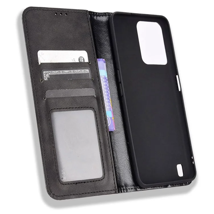 For Realme C31 Mosaic Imprinted Retro Texture PU Leather Phone Case Magnet Auto Closure Wallet Stand Cover - Black