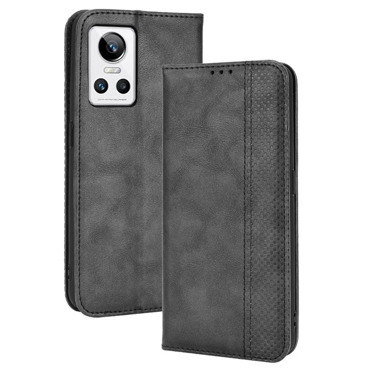 Pour Realme GT Neo3 Magnetic Auto-absorbed Retro Texture PU Leather Case Mosaic Imprinted Wallet Stand Shell - Noir