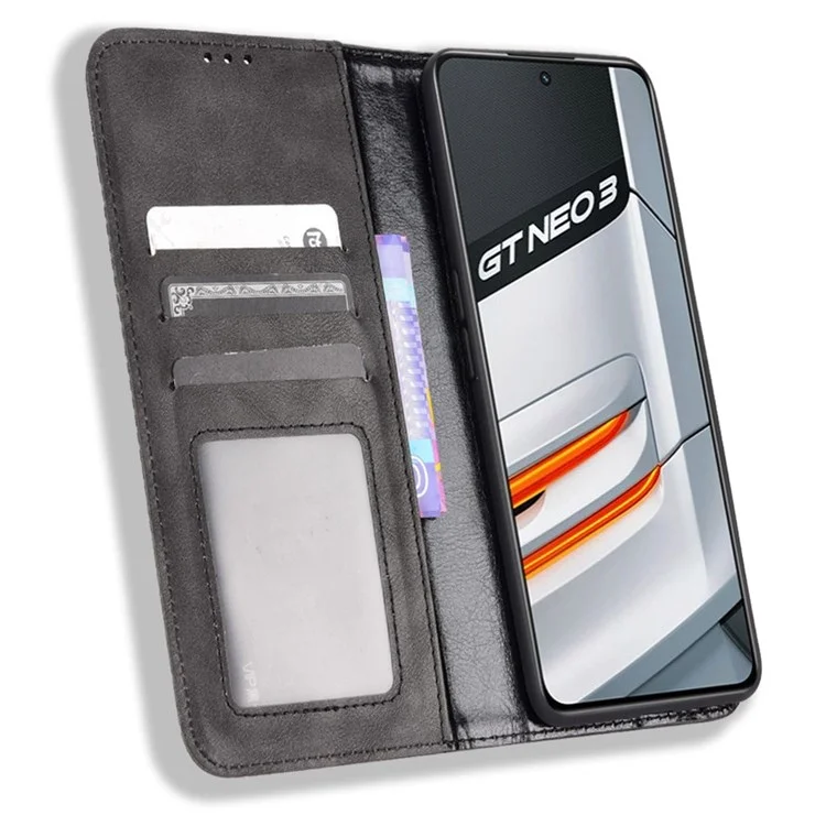 Pour Realme GT Neo3 Magnetic Auto-absorbed Retro Texture PU Leather Case Mosaic Imprinted Wallet Stand Shell - Noir
