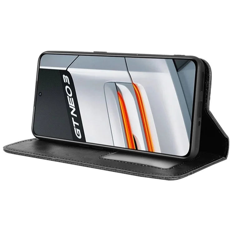 Pour Realme GT Neo3 Magnetic Auto-absorbed Retro Texture PU Leather Case Mosaic Imprinted Wallet Stand Shell - Noir
