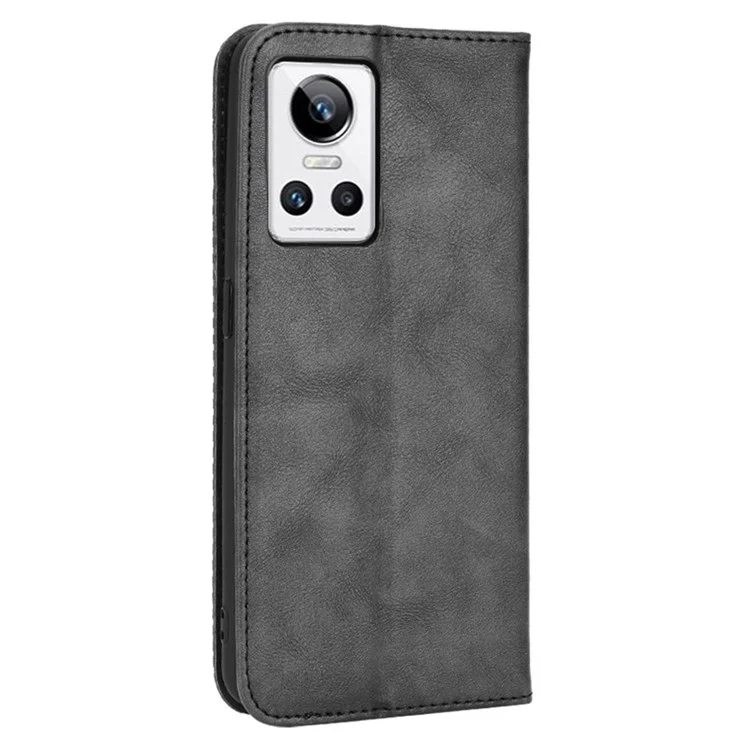 Pour Realme GT Neo3 Magnetic Auto-absorbed Retro Texture PU Leather Case Mosaic Imprinted Wallet Stand Shell - Noir