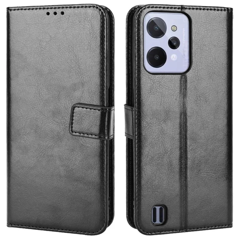 For Realme C31 PU Leather Viewing Stand Wallet Case Crazy Horse Texture Phone Shell - Black