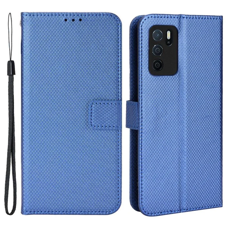 For Oppo A16/A16s/A54s Diamond Texture PU Leather Protective Phone Case with Wallet Stand - Blue