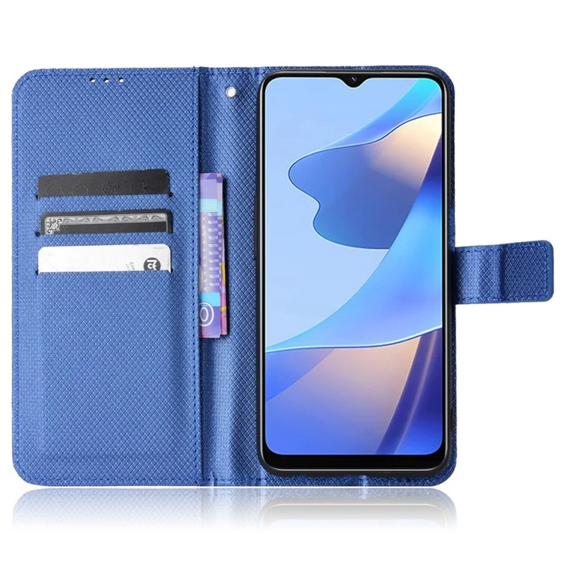 For Oppo A16/A16s/A54s Diamond Texture PU Leather Protective Phone Case with Wallet Stand - Blue