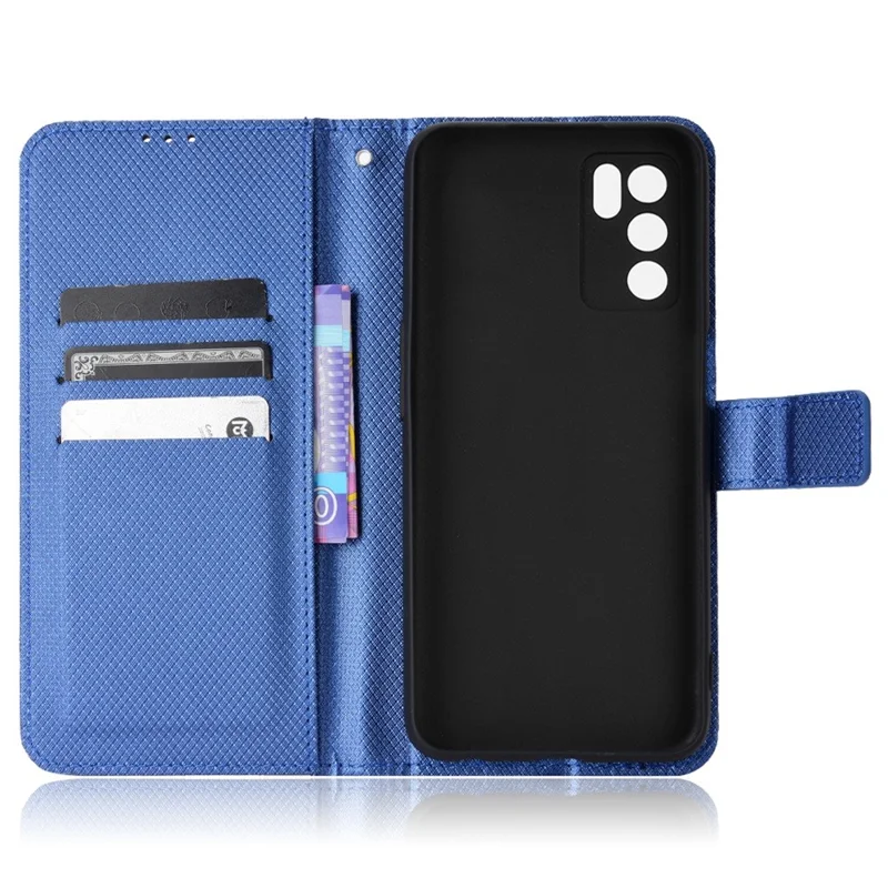For Oppo A16/A16s/A54s Diamond Texture PU Leather Protective Phone Case with Wallet Stand - Blue