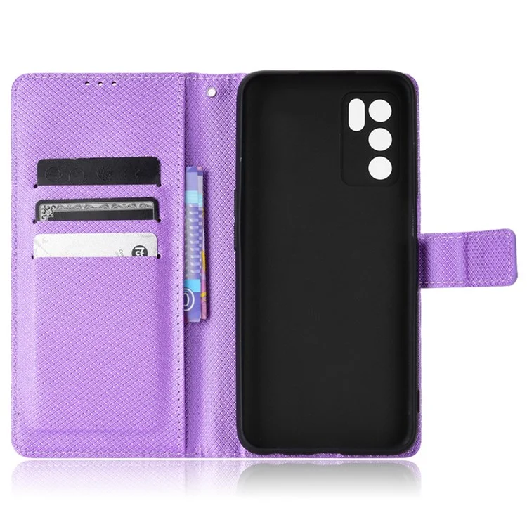 For Oppo A16/A16s/A54s Diamond Texture PU Leather Protective Phone Case with Wallet Stand - Purple