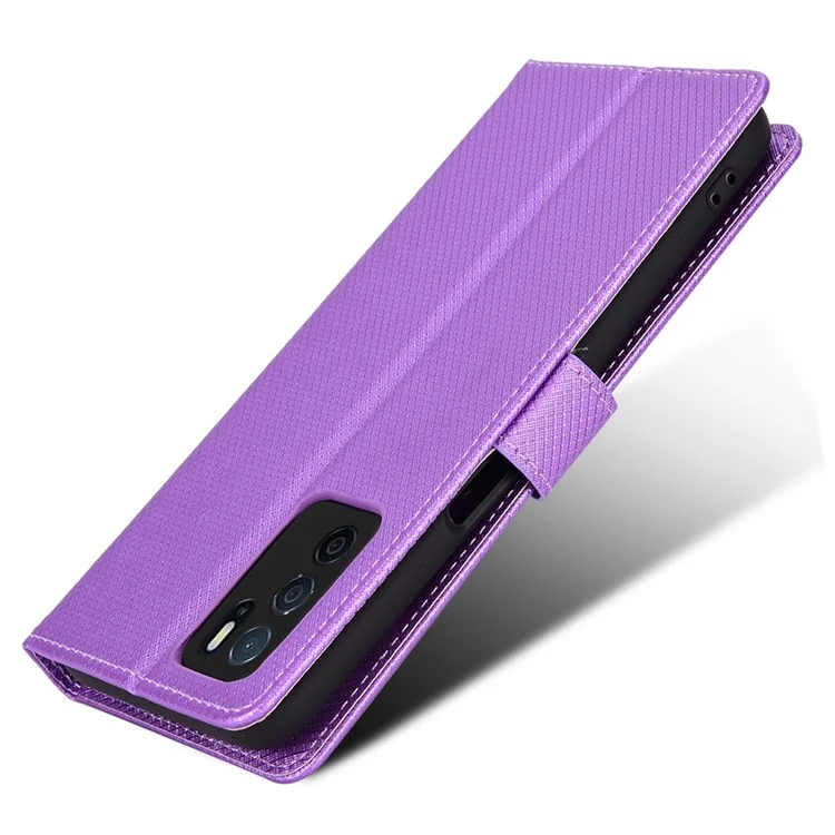 For Oppo A16/A16s/A54s Diamond Texture PU Leather Protective Phone Case with Wallet Stand - Purple